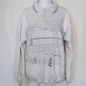 Art Unlimited Womens Collared Long Sleeve Sweatshirt Snow Cabin Blue White XL